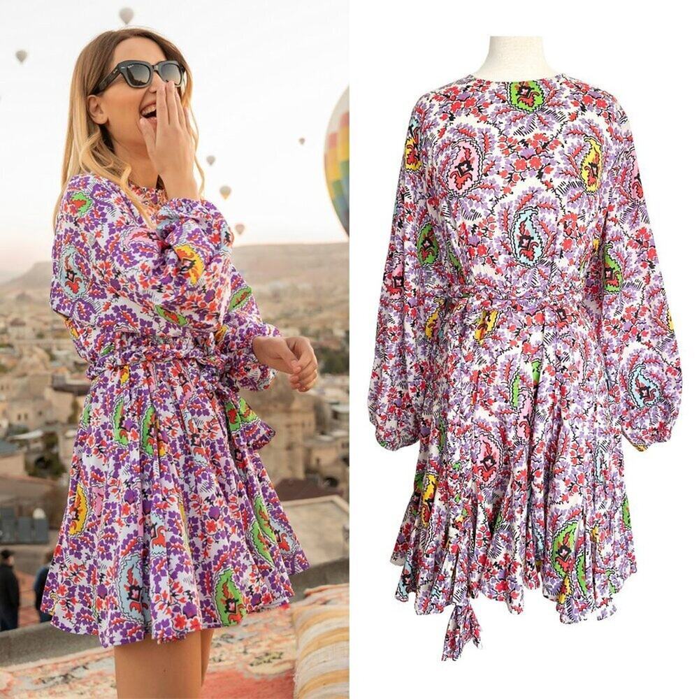 Rhode Ella‎ Dress Purple Paisley Print Cotton Belted Mini Dress Size M